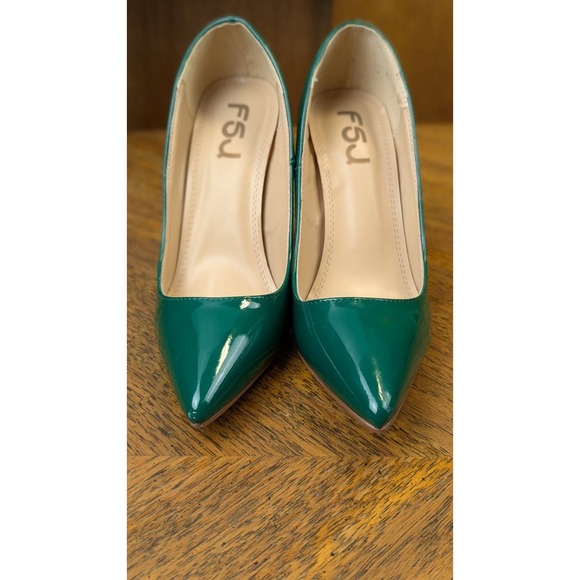 FSJ Green Patent Leather Faux Rhinestones Large Faux Emeralds Encrusted Heels 7 - Picture 4 of 11